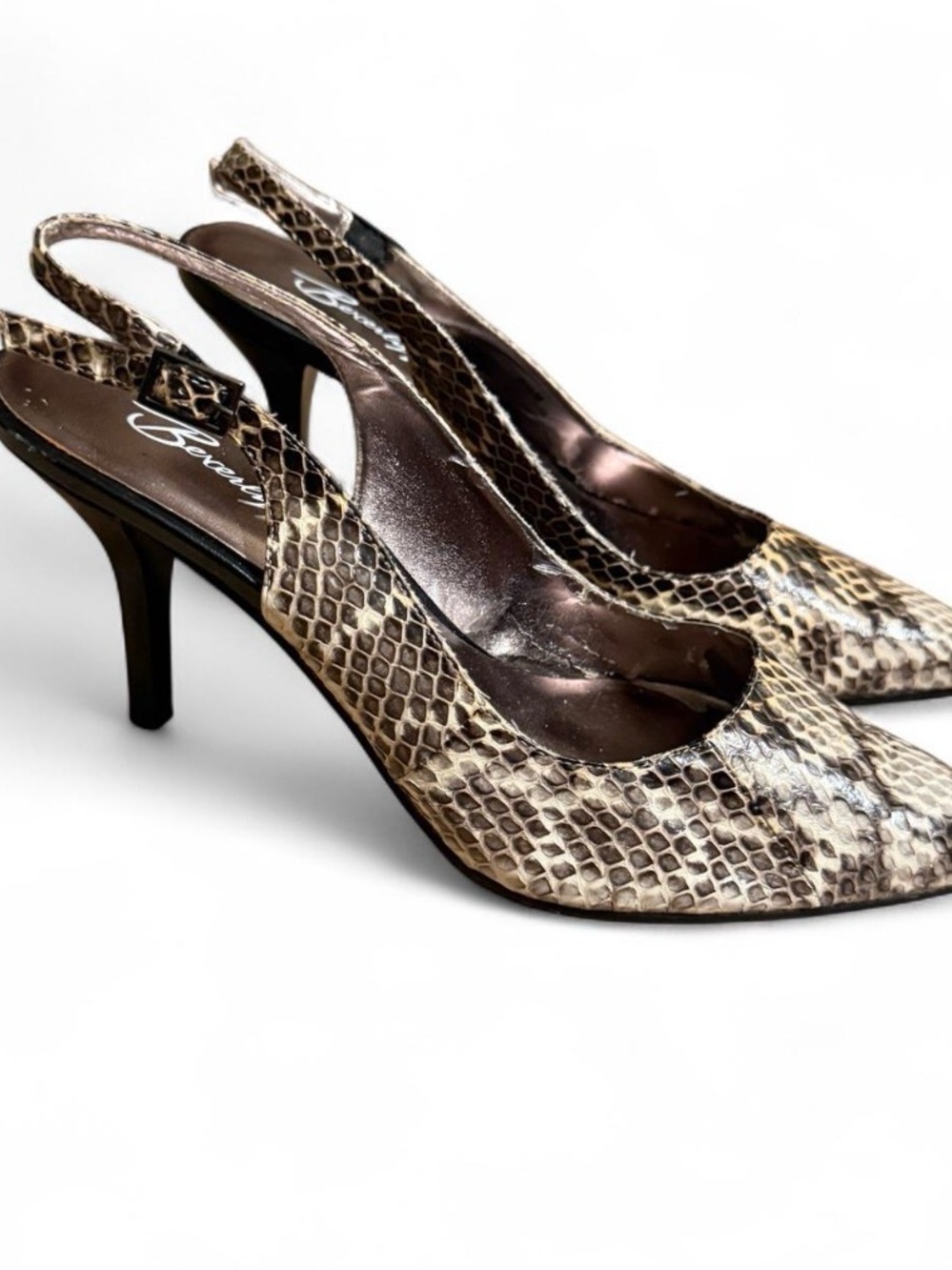 Beverly Feldman Snake-Print Slingback Pumps in Brown and Cream